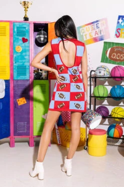 Queen Of Sparkles Red & Powder Blue Football Checkered Dress -Queen Of Sparkles Store SOELSTUDIO QOS GAMEDAY 2023 127