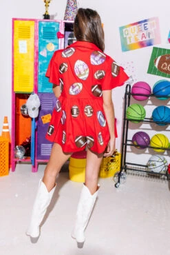 Red Iridescent Football Romper -Queen Of Sparkles Store SOELSTUDIO QOS GAMEDAY 2023 1599
