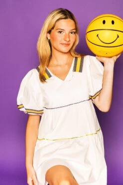 Queen Of Sparkles White, Purple/Gold Poof Sleeve QOS Jersey Dress -Queen Of Sparkles Store soelstudio QOS Gameday 371