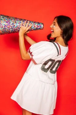 Queen Of Sparkles Store 4 Queen Of Sparkles White, Black/Red Poof Sleeve QOS Jersey Dress