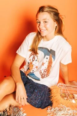 Queen Of Sparkles Navy & Orange Fringe Boot Tee -Queen Of Sparkles Store soelstudio QOS Gameday 632