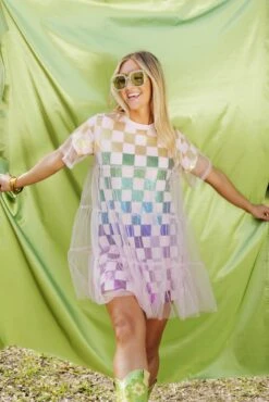 Queen Of Sparkles Rainbow Checkered Mesh Overlay Tee Dress -Queen Of Sparkles Store soelstudio QOSFEB2023 577 1