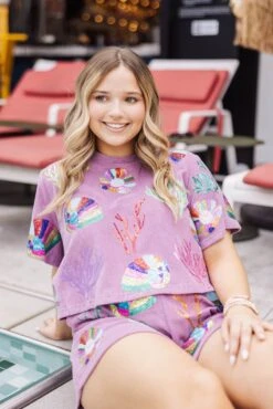 Lavender Terry Coral & Shell Short Sleeve Top